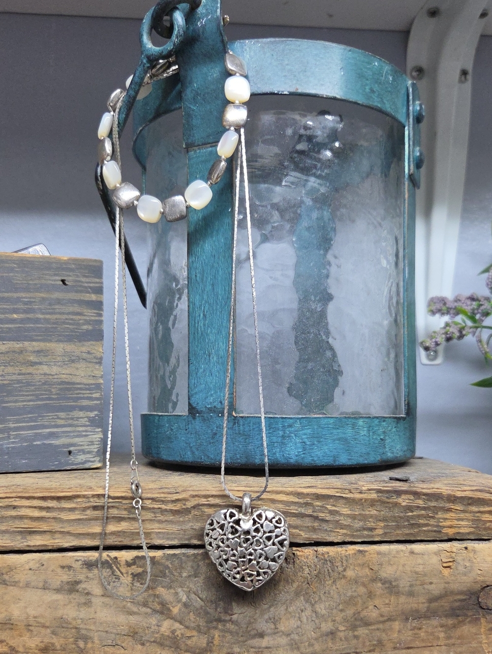 Vintage Silver Filigree Heart Pendant Necklace And Bracelet Bundle